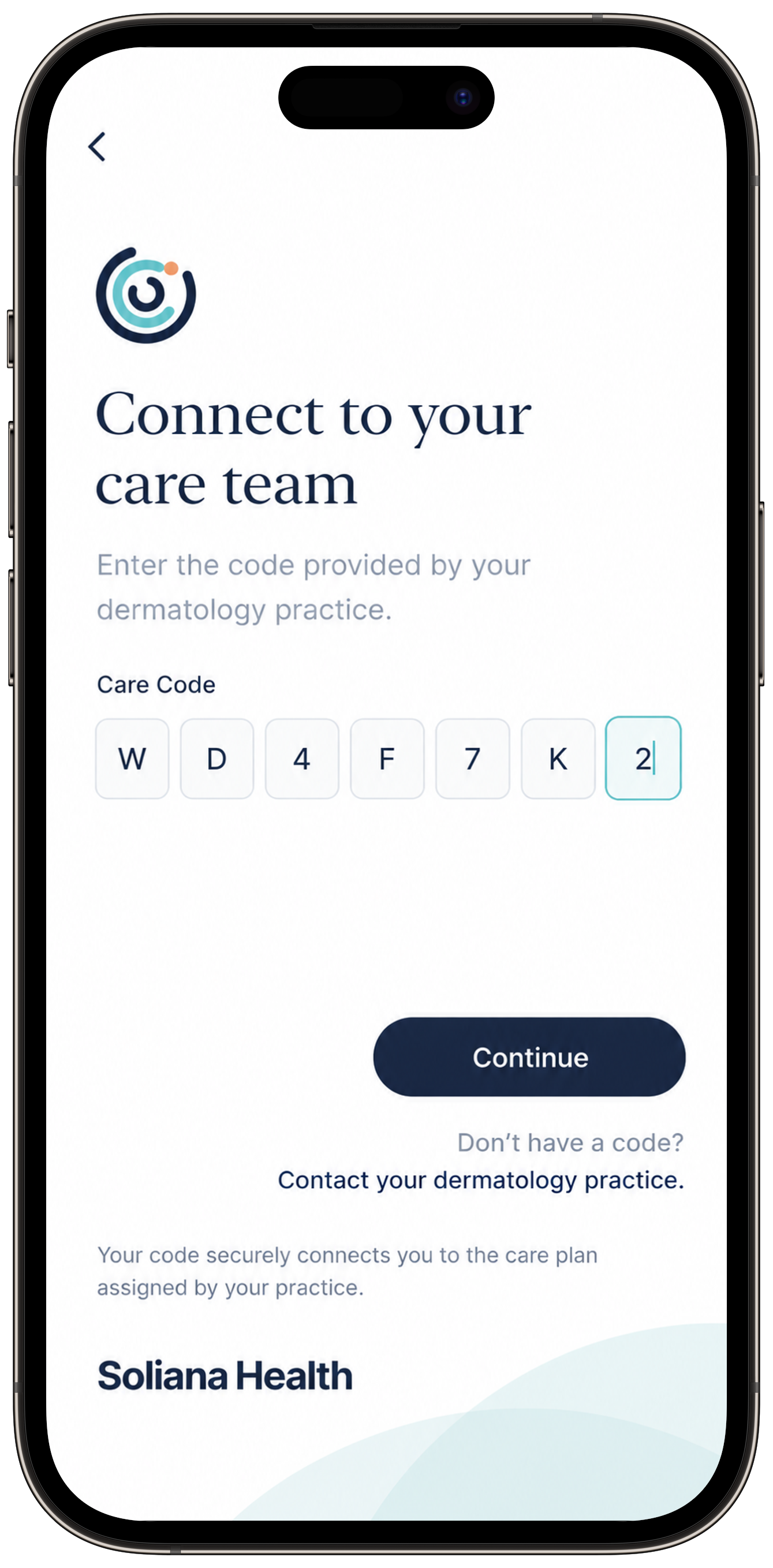 Soliana Health Connect to your care team screen with the care code provided by a dermatology practice