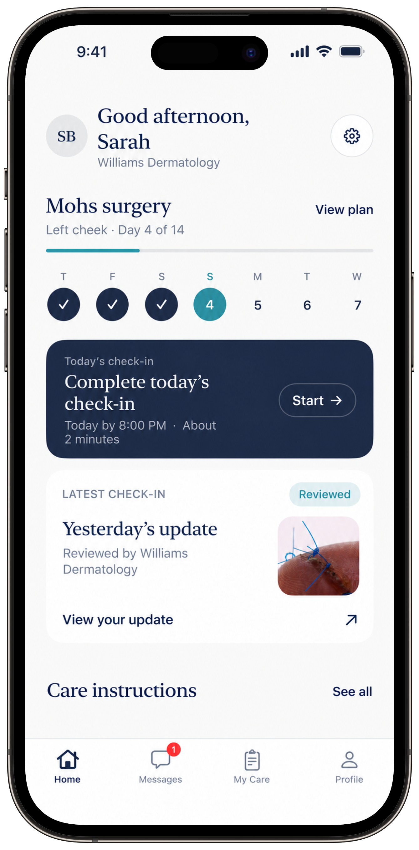 Soliana Health recovery dashboard showing a Mohs surgery care plan, today’s check-in, and a reviewed patient update